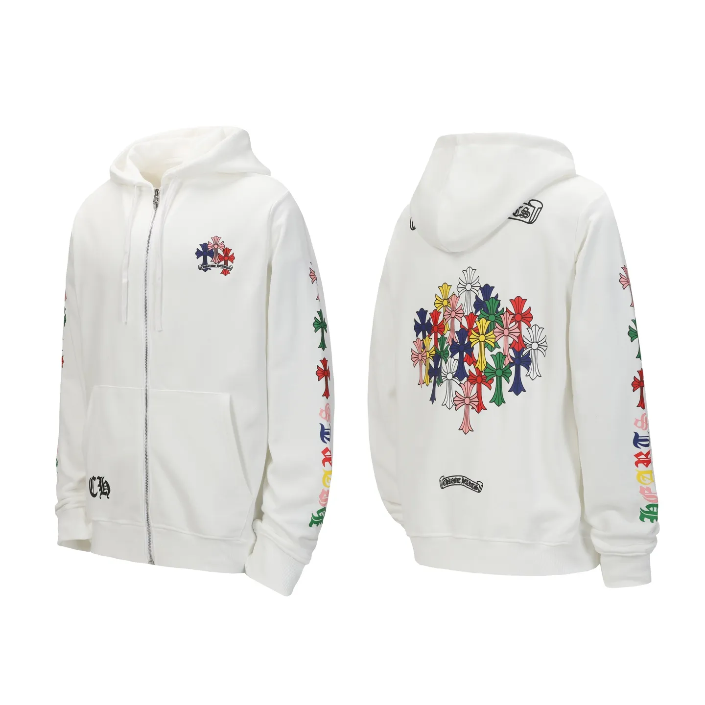 P250 cross-border model, please do not place an order if you are pursuing quality - Chrome Hearts/Chrome Hearts Colorful Cross ✝️ Printed zipper sweatshirt cardigan jacket - High weight, high density and high quality. The wool is soft, delicate and skin-friendly. It feels soft and silky. It has excellent warmth and skin-friendly properties - Custom-woven and dyed, no color difference. No matter the fabric or workmanship details, it beats the ordinary version on the market - Hardware zipper accessories are all customized, full of details - Color: black white -Size: S M L XL